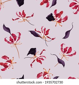 Hand drawn Blooming Flame lily floral garden botanical flower semaless pattern vector EPS10, Design for fashion , fabric, textile, wallpaper, cover, web , wrapping on light lilac color background
