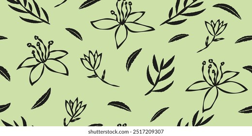 Hand drawn blooming flower seamless pattern with silhouette of fallen leaves. Design for textile, fabric, wallpaper, covers, cards, wall art, posters and decoration.