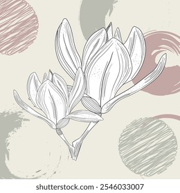Mão desenhada flores florescendo buquê primavera flor contorno com fundo abstrato 