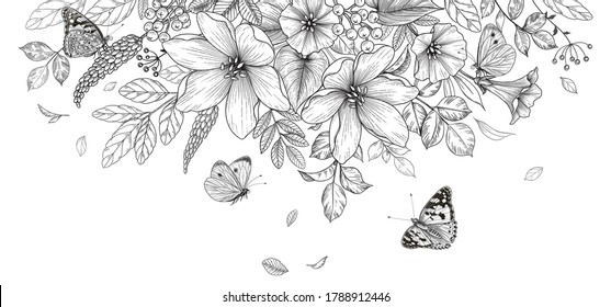 Hand drawn blooming flowers and butterflies on blank background. Black and white different wildflowers. Vector monochrome elegant floral composition in vintage style, template wedding decoration.