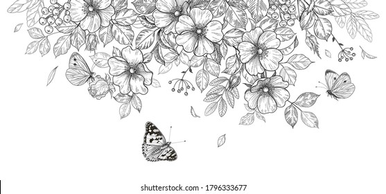 Flores florecientes dibujadas a mano y mariposas en fondo blanco. Flores e insectos negros y blancos. Composición floral monocromática vectorial elegante en estilo vintage, decoración de boda de plantilla.