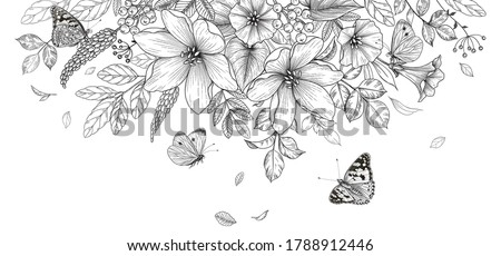 Hand drawn blooming flowers and butterflies on blank background. Black and white different wildflowers. Vector monochrome elegant floral composition in vintage style, template wedding decoration.
