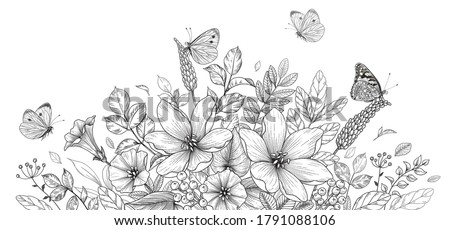 Hand drawn blooming flowers and butterflies on blank background. Black and white different wildflowers. Vector monochrome elegant floral composition in vintage style, coloring page.