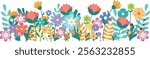 Hand drawn blooming flowers garden. Floral patterns border. Vector illustration on white background