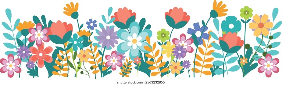 Hand drawn blooming flowers garden. Floral patterns border. Vector illustration on white background