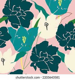 Hand drawn blooming flowers silhouette seamless pattern.  Vector abstract floral collage art background.