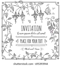 Hand drawn blooming fuchsia flower frame with butterfly in black and white colors. Floral greeting card design with copy space for your text. Vector illustration