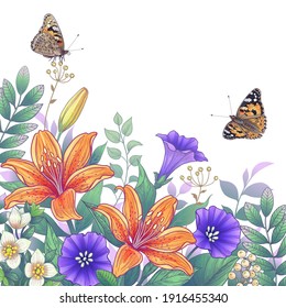 Hand drawn blooming orange   purple garden flowers   butterflies white background  Vector elegant floral composition and orange lilies in vintage style 
