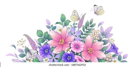 Hand drawn blooming pink and purple flowers and butterflies on white background. Vector elegant floral arrangement with colorful different wildflowers in vintage style, template wedding decoration. 