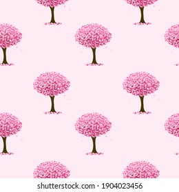 Hand drawn blooming pink sakura tree, vector seamless pattern