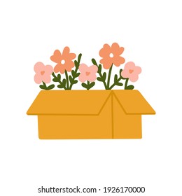 Hand drawn blooming spring flowers in open cardboard paper box pot flat vector elements illustration