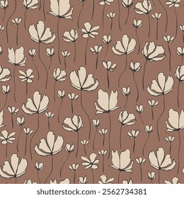 Hand drawn blooms seamless repeat pattern on Mocha Mousse bronwn background. Vector, botany floral aop, all over print.