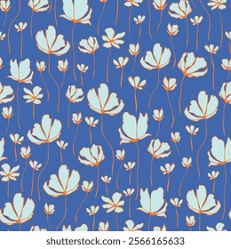 Hand drawn blooms seamless repeat pattern on blue background. Vector, botany floral aop, all over print.