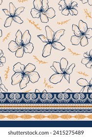 Hand drawn bloomy flowers seamless repeat pattern with editable border print tilel. Random placed, botany and traditional boho striped aop all over surface print.