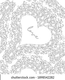 Hand drawn blossoming heart illustration. Coloring book, page template. Beautiful line drawing. Contour graphic. doodle Abstract doodle vector art. 