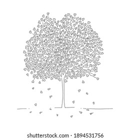 Hand drawn blossoming tree illustration with hearts instead of leaves symbolizing love growth. Cute linear pencil drawing. Vector art. 