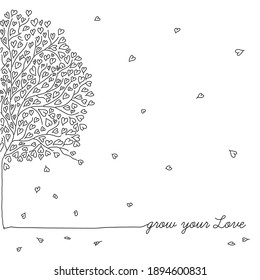 Hand drawn blossoming tree illustration with hearts instead of leaves symbolizing love growth. Cute linear pencil drawing. Vector art. Creative valentines poster. 