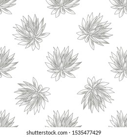 Hand drawn blue agave seamless pattern. Succulent plants wallpaper. Engraving vintage style. Vector illustration.