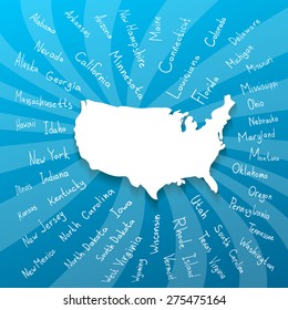 Hand drawn blue America USA map with handwritten state names vector illustration