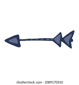 Hand drawn blue arrow symbol isolated. Abstract ethnic element. Funny tribal sign. Doodle style. Children's vector illustration