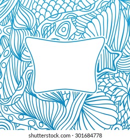 Hand drawn blue background with doodle elements and space for text in center