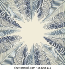 Hand Drawn Blue Background Of Tropical Palm Leaves. Vector Background.