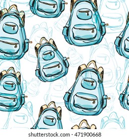 Hand drawn blue backpack seamless pattern. Vector illustration isolated on white. Rucksack, knapsack, haversack, satchel for travel, hiking, students, school. Watercolor style