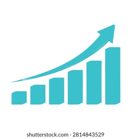 Hand drawn blue bar graph with upward curving arrow symbolizing financial business growth progress and success
