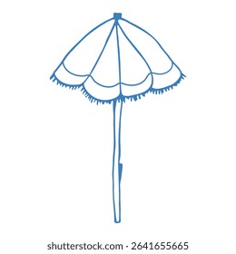 Hand drawn blue beach umbrella in doodle style. Mediterranean summer icon, element for italian print, invitation. Amalfi Ink sketch design. Flat tropical minimalist isolated vector illustration.