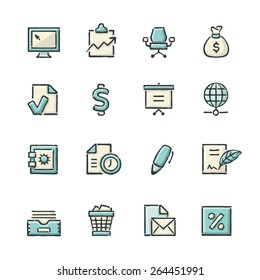 Hand drawn blue and beige business and office icons. File format is EPS8.