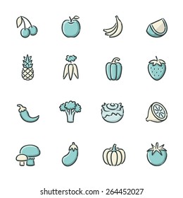 Hand drawn blue and beige fruit and vegetable icons. File format is EPS8.