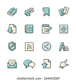 Hand drawn blue and beige internet and website icons. File format is EPS8.