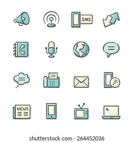 Hand drawn blue and beige media and communication icons. File format is EPS8.