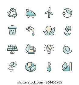 Hand drawn blue and beige renewable energy icons. File format is EPS8.