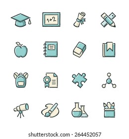 Hand drawn blue and beige school and education icons. File format is EPS8.