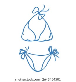 Hand drawn blue bikini in doodle style. Mediterranean summer icon, element for italian print, invitation. Amalfi Ink sketch design. Flat tropical minimalist isolated vector illustration.