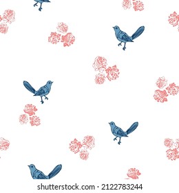 Hand drawn blue birds and pink roses on a white background. Seamless repeat vector pattern. Country cottage style. Great for fashion, textiles, surface textures, giftwrap, wallpaper.