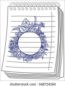 Hand drawn blue border on notebook background. Vector illustration. 