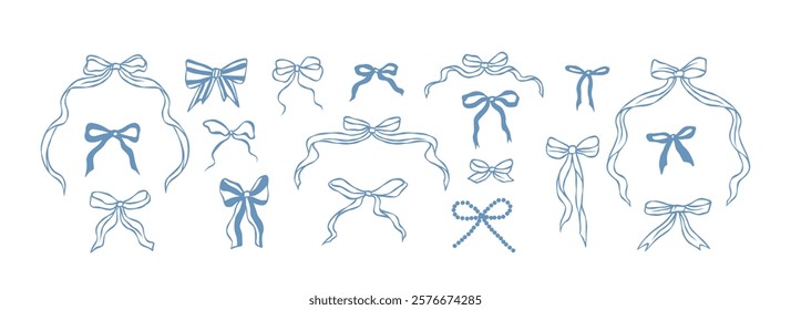 Hand drawn blue bows collection. Whimsical illustration	