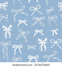 Hand drawn blue bows seamless pattern. Whimsical background