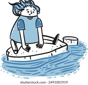 Dibujado a mano Niño azul mirando en el agua