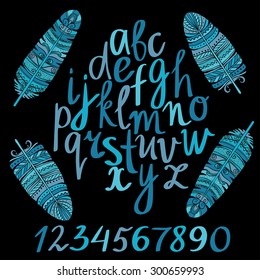 Hand drawn blue brush whiting alphabet, font, letters, numbers and ethnic, tribal art feathers isolated on black background  