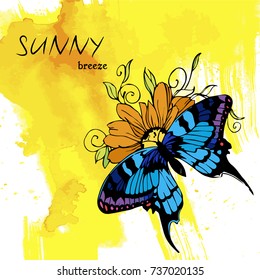 hand drawn blue butterfly and a flower on the yellow background