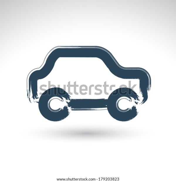 Hand drawn blue car icon,\
illustrated brush drawing passenger car, hand-painted automobile\
isolated on white background, transportation icon.\
