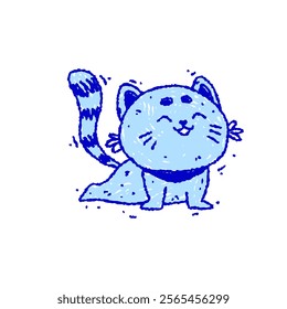 Hand drawn Blue cat in doodle style. Funny sketch cartoon animals and pets. Vector line illustration isolated on background