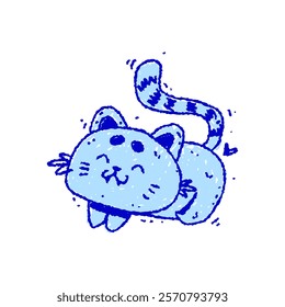 Hand drawn Blue cat in doodle style. Funny sketch cartoon animals. Vector line illustration isolated on white background