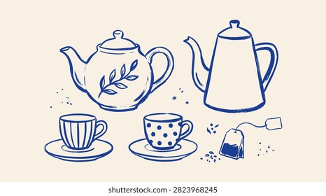 Hand drawn blue ceramic teapots and cups set for cozy teatime beverage service on a clean background.