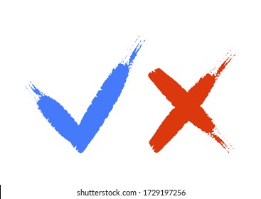 Hand drawn of blue checkmark and Red cross isolated on white background. Right and wrong icon. Check Mark ,X, Yes, No, icon, graphic, symbol, Vector.