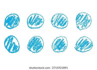 Círculos azules dibujados a mano con textura de crayón. Estilo de garabato áspero con bordes de tiza y aspecto de marcador audaz. Formas redondas Grunge con efecto pastel o lápiz