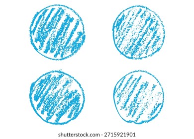 Círculos azuis desenhados à mão com textura de giz de cera. Estilo rabiscado áspero com giz como bordas e negrito marcador olhar. Formas redondas grunge com efeito pastel ou lápis